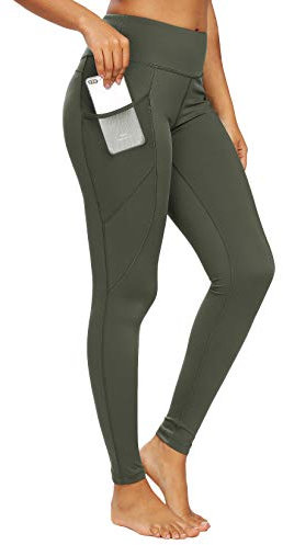 QUEENIEKE Damen Yoga Leggings Power Flex Mesh Mittlere Taille 3 Handytasche Gym Laufhose Farbe Dunkelgrün Größe M(8/10