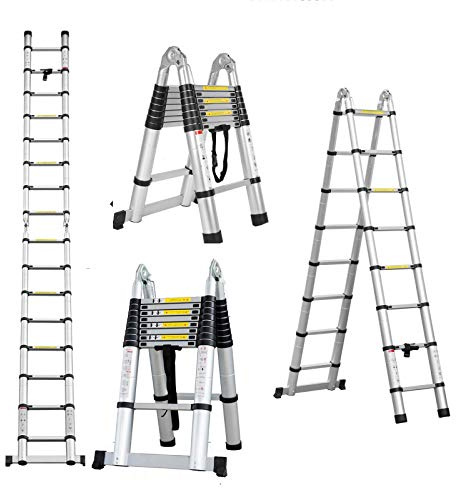 5M (2.5+2.5M) Alu Teleskopleiter, Ausziehbare Leiter, Klappleiter Stehleiter Rutschfester, Ausziehleiter Mehrzweckleiter, Haushaltsleiter 150 kg Belastbarkeit
