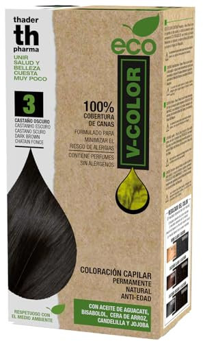 Thader Th Pharma ECO V-Color Kit de Coloración Capilar Permanente sin amoniaco 100% cobertura de canas, 120 ml (No. 3 Castaño oscuro)