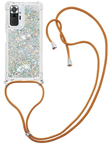 CaseLover Handykette Handyhülle für Xiaomi Redmi Note 10 Pro, Glitzer Flüssig Bewegende Treibsand Transparent Silikon Case mit Kordel zum Umhängen Necklace Hülle für Redmi Note 10 Pro Max, Silber