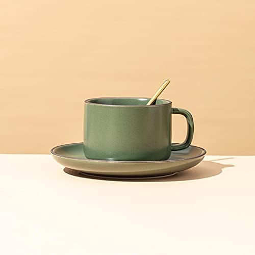 Cappuccino Cup and Saucer Set with Spoons, Modern Style Porcelain Tea Cup Coffee Cup Tableware 3-Pieces Set Ceramic Mugs (Dark Green)