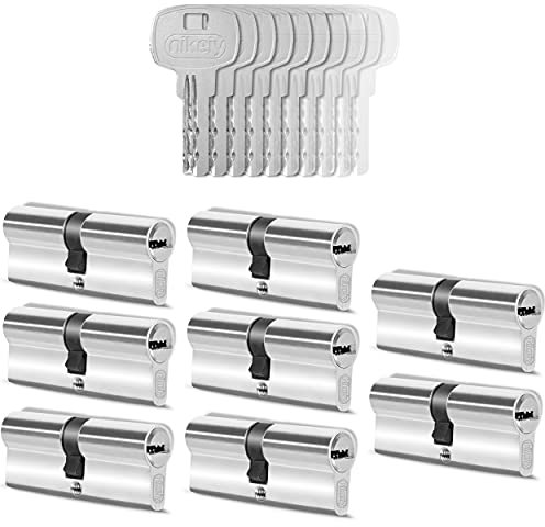 GERCAR 8x Cylindre de serrure/barillet de porte d'entree/interieure 60 mm - 8x serrure de porte 30/30 mm - En laiton nickelé - Avec 40 clés - Longueur : 60 mm, A: 30 B : 30