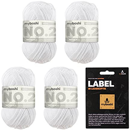 myboshi No.2 inkl. Label, Baumwolle zum Häkeln und Stricken, für Baby und Amigurumi, vegan, 60 Grad waschbar, 50g, Ll 100m Weiß (Weiß), 4 Knäuel