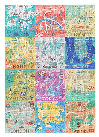 Legami-Puzzle mit 1000 Teilen, mit Anleitungsposter und Stoffumschlag, Brettspiel, in plastifizierter Pappe und Stoff, World Cities Thema, 68 x 48 cm
