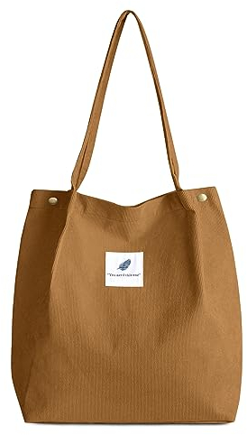 FITDON Cord Umhängetasche Damen, Groß Schultertasche Canvas Tasche Tote Handtasche für Alltag, Büro, Schulausflug und Einkauf - Braun