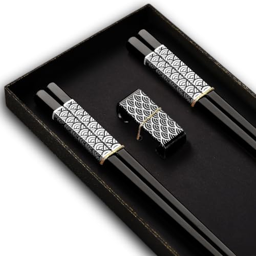 TIICOO Bacchette in Acciaio Inossidabile Riutilizzabili 2 Paia di Bacchette con Supporto, Set Regalo di Bacchette Leggere in Stile Giapponese Lavabili in Lavastoviglie (Nero)