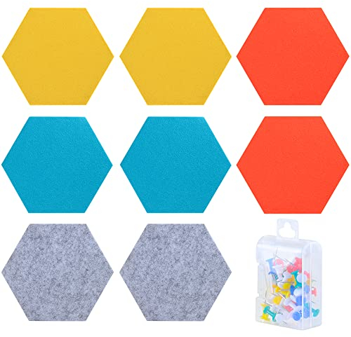TsunNee Lot de 8 carreaux hexagonaux en feutre, carreaux de liège hexagonaux autocollants, autocollants muraux colorés en feutre, tableaux d'affichage avec punaise pour photos, bureau, décoration