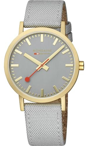 Mondaine Classic Herren Armbanduhr aus Edelstahl und Textil in der Farbe Grau-Gold 40mm, Wasserdichtigkeit: 3Bar, A660.30360.80SBU
