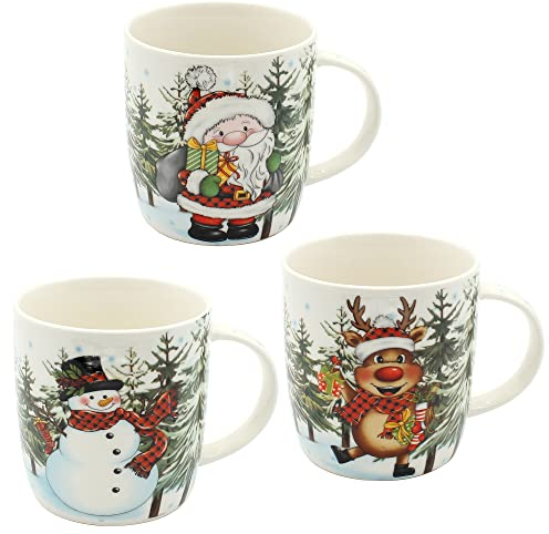 Dekohelden24 Porzellan Weihnachts-Tassen - Becher als 3er Set, Höhe: 9 cm - Ø 9,5 cm, Fassungsvermögen 340 ml.