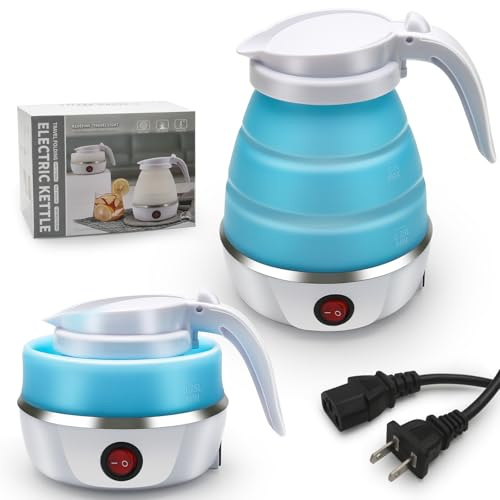 Travel Kettle Electric Small Foldable Portable Kettle,Silicone Collapsible Heating Water Boiler Tea Pot for Camping,Easy for Storage with Separable Power Cord (Blue pro)