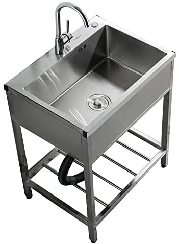 Movable Edelstahl Spülbecken Küche Waschbecken Ausgussbecken , Edelstahlwaschbecken,Einzelschalen kommerzielle Restaurant Küche Waschstation mit Wasserhahn,für Garage, Restaurant, Waschküche, Outdoor
