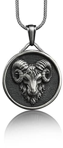 BySilverStone - Mens Silver Ram Engraved Necklace, Symbol Of Prosperity Engraved Pendant Jewelry