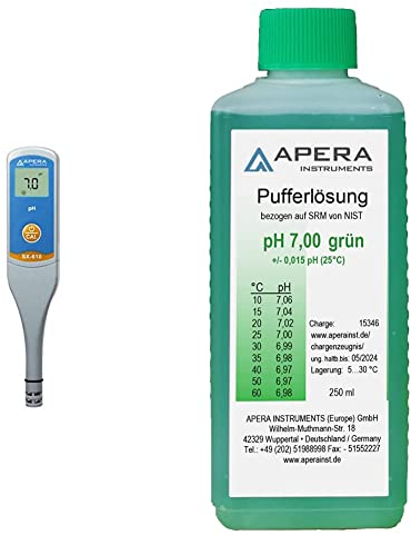 Apera Instruments SX610 pH-Meter (pH ±0,1 Genauigkeit, Messbereich pH 0-14, Temperaturanzeige, wasserfest, kompakt) & pH-Kalibrierlösung 7.00 (250ml)