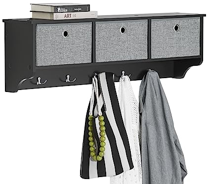 SoBuy Wandgarderobe Flurgarderobe Kleiderhaken Wandregal mit 3 Körben und 5 Haken, Garderobenleiste, Hängeregal für Flur, Schlafzimmer, Badezimmer, Schwarz BHT ca. 100x31x20cm, FRG282-SCH