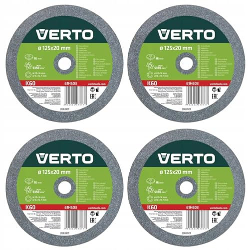 VERTO Schleifscheiben 125 x 20/16/12.7 Dick: 16 mm - 4 Stück, inkl. Untersetzungen, passend für verschiedene Schleifmaschinen, Körnung K60, 4 Scheiben inkl., Scheiben zum Metallschleifen