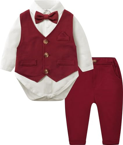 mintgreen Baby Boy Wedding Suit, Christening Bodysuit Waitcoat Gentleman Outfit Set, Burgundy, 6-9 Months, 70