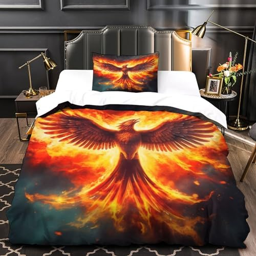 Phoenix Bettwäsche Set, Supernatural Bird Bettbezug, 3D-Digitaldruck Bettbezüge Bettwäsche-Sets Teilig Weiche Mikrofaser Bettbezug Mit Reißverschluss Und Kissenbezug Single(135x200cm)