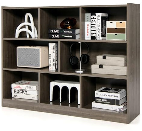 COSTWAY Bücherregal mit 8 Fächern, Standregal, Aufbewahrungregal für Wohnzimmer, Schlafzimmer, Arbeitszimmer, Büro, grau, 122 x 32 x 93 cm