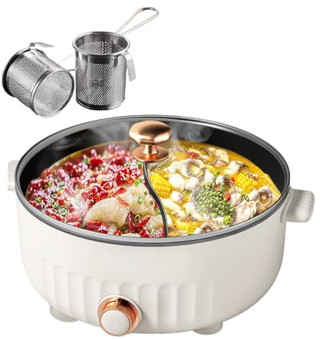 ARTSIM Hot Pot Cooker, Non-Stick Liner Hot Pot Cooker Chinese Electric Hot Pots Suitable for Small Parties (with 2 Leaky Nets),white