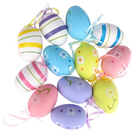 ENLACE Ostereier zum Aufhängen, 12 Stück Ostereier Plastik mit Schnur, Eier Ostern Deko, mit Verschiedenen Stilstreifen, Punkten, Blumen, Ostereier Kunststoff für Ostern Geschenk Osterdekoration