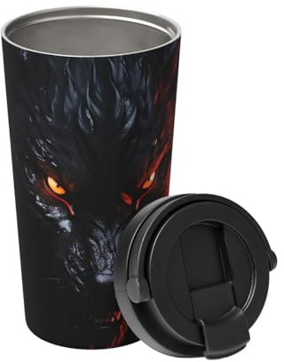 Großer schwarzer Wolf mit roten Augen, Reise-Kaffeebecher, auslaufsicher, auslaufsicher, Kaffeebecher mit Deckel, isolierter Kaffeebecher, tragbarer Thermobecher, auslaufsicher, wiederverwendbar,