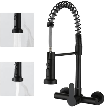 LIWEIKE Grifo de cocina montado en la pared, rotación de 360°, color negro, con 2 tipos de chorro, grifo de pared