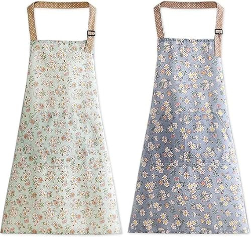 UEPOA Delantal de cocina para mujer, 2 unidades, impermeable, ajustable, delantal de cocina, delantal personalizado con bolsillo para hornear, pintar, cocinar, pintar, jardinería, verde, azul, 70x68cm