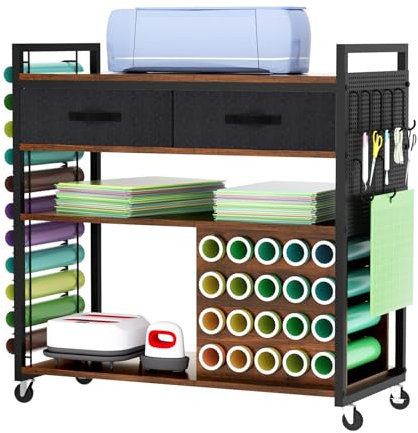 ousamili Organizer und Aufbewahrung, Basteltisch, kompatibel mit Cricut-Maschinen, multifunktional, groß, stabiler Aufbewahrungswagen mit Vinyl-Rollenhalter, fantastische Aufbewahrung für