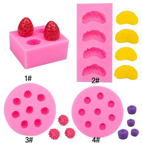 PIQIUQIU Confezione da 4 stampi per gelatina a forma di frutta, fragola 3D, arancia, lampone e mirtillo, stampi in silicone per fondente, stampi per sapone in resina epossidica, stampi per cera, stamp