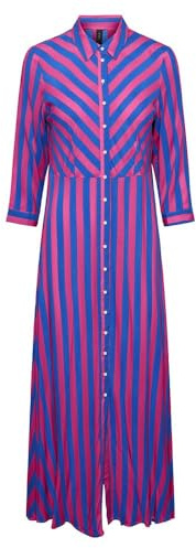 YAS Savanna - Camiseta Larga de Manga Corta Vestido, Fucsia Fedora/Rayas: Blue Lolite, XXL para Mujer