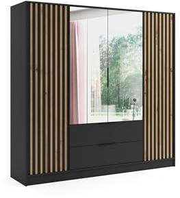 ALTDECOR Kleiderschrank mit Spiegel und selbstschließenden Flügeltüren mit Lamel - NERA - 200 cm Schwarz/Artisan