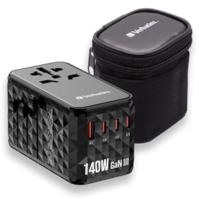 Verbatim GaN Universal Reiseadapter UTA‑10 140 W, Steckdosenadapter mit 1 USB‑A und 3 USB-C Anschlüssen, Schnellladegerät für Laptop, Handy, Kamera und Co, Reisestecker weltweit einsetzbar, 100–250 V
