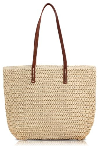Bototack Straw Beach Bag For Women, Large Summer Straw Tote Bag with Zip, Boho Casual Shoulder Bag Handbags for Travel, Holiday and Shopping (Beige)