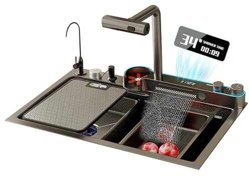 CRBUDY Multifunktions-Küchenspüle, intelligente Digitalanzeige, Wasserfall-Wasserhahn-Spüle mit doppeltem Auslass auf Einer Seite, Spüle aus Edelstahl 304 (Farbe: A, Größe: 85 x 45 cm) (A