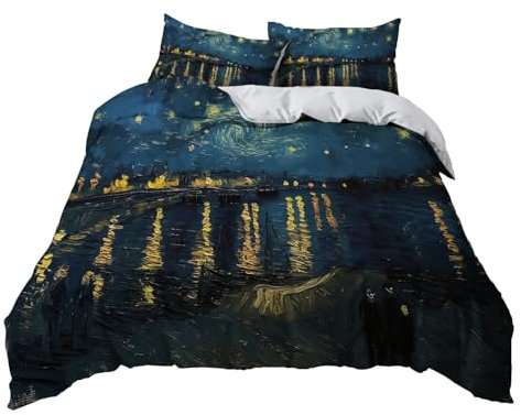 Bettwäsche 135x200 cm, Dunkelblau Deckenbezug 3 Teilig Microfaser Bettbezug Set Nachthimmel im Van Gogh Stil mit Sternen Muster Extrem Haltbar bettwäsche + 2 Kissenbezüge 80 x 80 cm