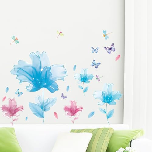 astylishome Flower Wall Stickers Personalised Wall Sticker Decal Blue and Pink Floral Walls Stickers Wallpapers Living Room Bedroom Sofa TV Background Window and Kitchen Decor 0311