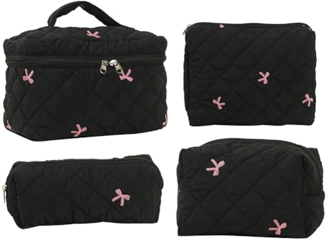 CRGANGZY 4 Stück Reise-Kosmetiktasche, bestickte Schleife, Damen-Kulturbeutel, Gesteppte Kosmetiktasche, niedliches Kawaii für Reisen, Einkaufen (schwarz)