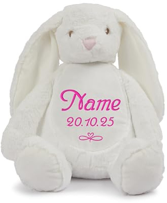 Schnoschi Kuscheltier mit Namen oder Initialen Bestickt, personalisiertes Stofftier, individuelles Schmusetier mit Wunschnamen (Hase (Creme))