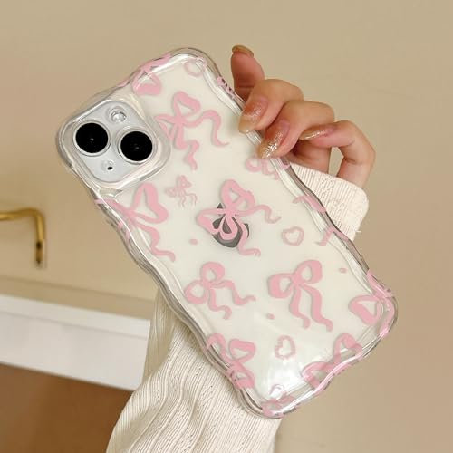UEEBAI Bow Case for iPhone 15 6.1, Wavy Cute Ribbon Pretty Aesthetic Case Curly Stylish Soft Wave Clear Phone Case Shockproof Protective Pretty Cover for Women Girl - Pink