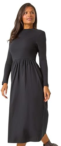 Roman Originals Midi Dress with Pockets for Women UK Ladies Stretchy Jersey Maxi Long 3/4 Length Sleeve Gathered High Waist Boho Flattering Skater Swing Fit Flare - Noir - Size 18