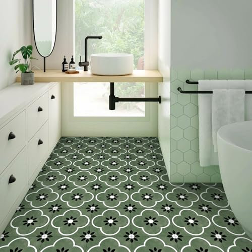 Alwayspon 10Pcs 8inch/20cm Retro Green Waterproof Non-slip Floor Tiles Decal for Kitchen Bathroom Living Room, Vinyl Flooring Self-adhesive Peel and Stick Vinyl Sticker, T1231