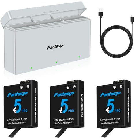 Fantasyo DJI Osmo Action 5/4/3 Akku 2100mAh (3-Pack) für DJI Osmo Action 5/4/3 Schwarz und 3-Kanal Schnellladegerät, voll kompatibel mit Akku und Ladegerät