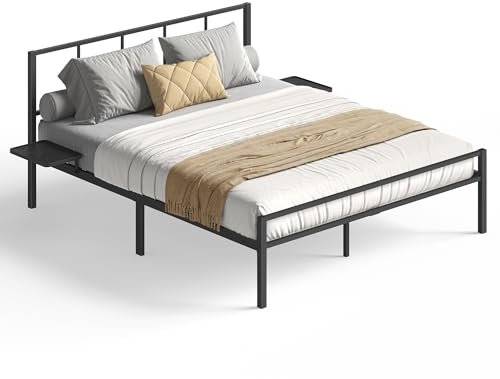 VASAGLE Lit Double, Cadre en Métal avec Étagères de Rangement, Tête de Lit, pour Adolescents, Adapté pour Matelas 140 x 190 cm, Montage Facile, Noir Mat RMB193B01