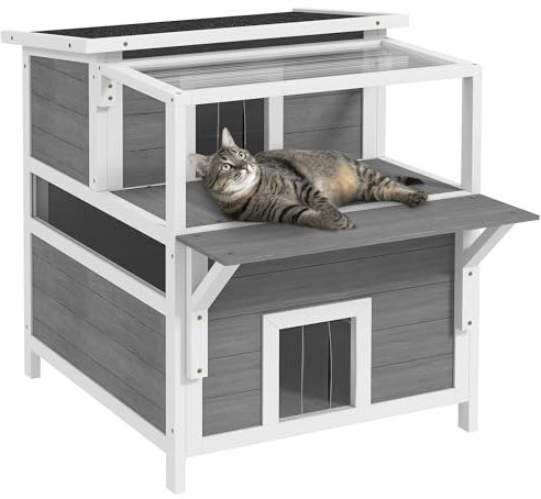 PawHut Maison pour Chat Niche pour Chat Exterieur à 2 étages avec Balcon, cabane pour Chat résistant aux intempéries avec Porte, Toit Ouvert, Panneau et Plancher Amovibles, 64 x 87 x 76 cm, Gris