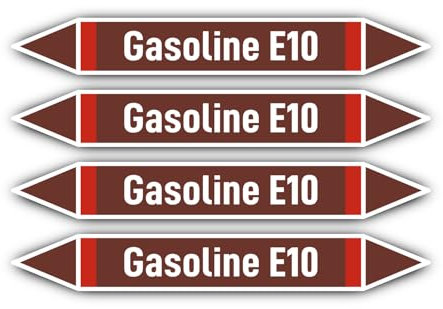 Aufkleber: 300x45 mm, 4 Stück - Group 8 - Flammable Liquids - Rohrleitungskennzeichnung - nach DIN 2403 - Sprache: englisch - Gasoline E10