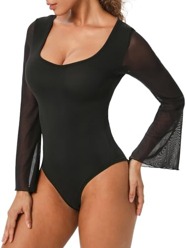 Monbessi Women's Bodysuit with Snap Buttons Mesh Long Sleeve Ladies Body Suits U-Neck Bodysuits for All Seasons(XL, Black)