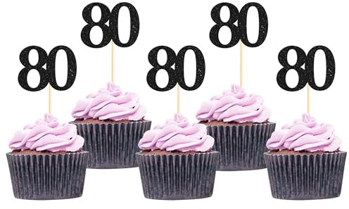 Sotpot 30 Pack Happy 80th Cupcake Toppers 80 Birthday Cake Decorations for 80th Birthday Wedding Anniversary Party Supplies Black Glitter