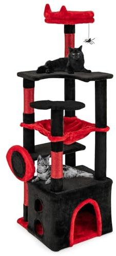 COSTWAY Kratzbaum Gotisch Halloween, 133 cm, Katzenbaum mit Höhle, Plattformen, Hängematte, Kratzsäulen & Spinnenspielzeug, Katzenhaus Gothic, Katzenkratzbaum Katzenturm, Schwarz+Rot