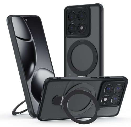 Funda para Xiaomi Mi 14T Pro, [Compatible con MagSafe] Carcasa con Invisible Soporte de Anillo Giratorio, Case Borde de TPU Silicona + Respaldo Translúcido Mate PC Rigida,Negro