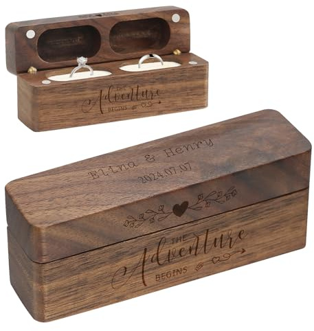 Malihome Klappbox aus Holz für 2 Ringe zur Hochzeit, rustikale Aufbewahrungsbox für Schmuck im Vintage-Stil aus massivem Walnussholz mit Gravur und Ringhalter (Rechteck-1, Add Customized)
